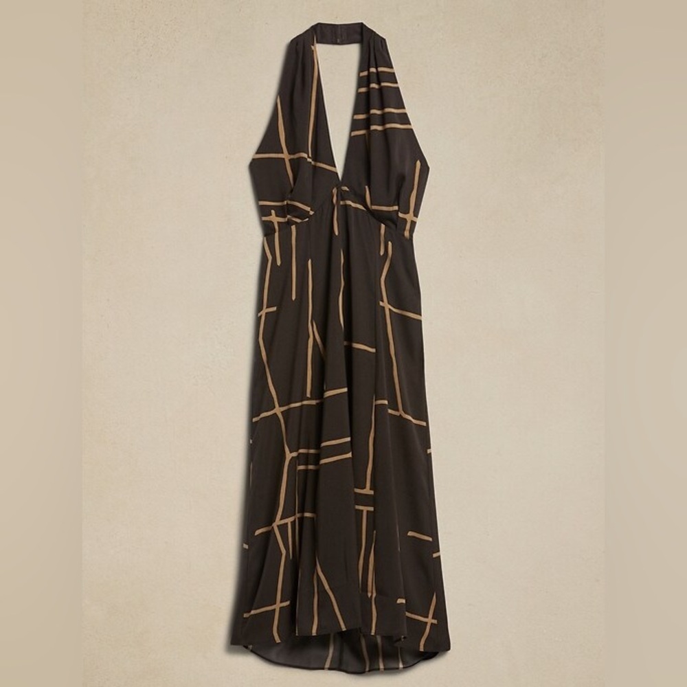 Banana Republic Sleeveless Halter Maxi Dress in Dark Olive with Beige Grid Print